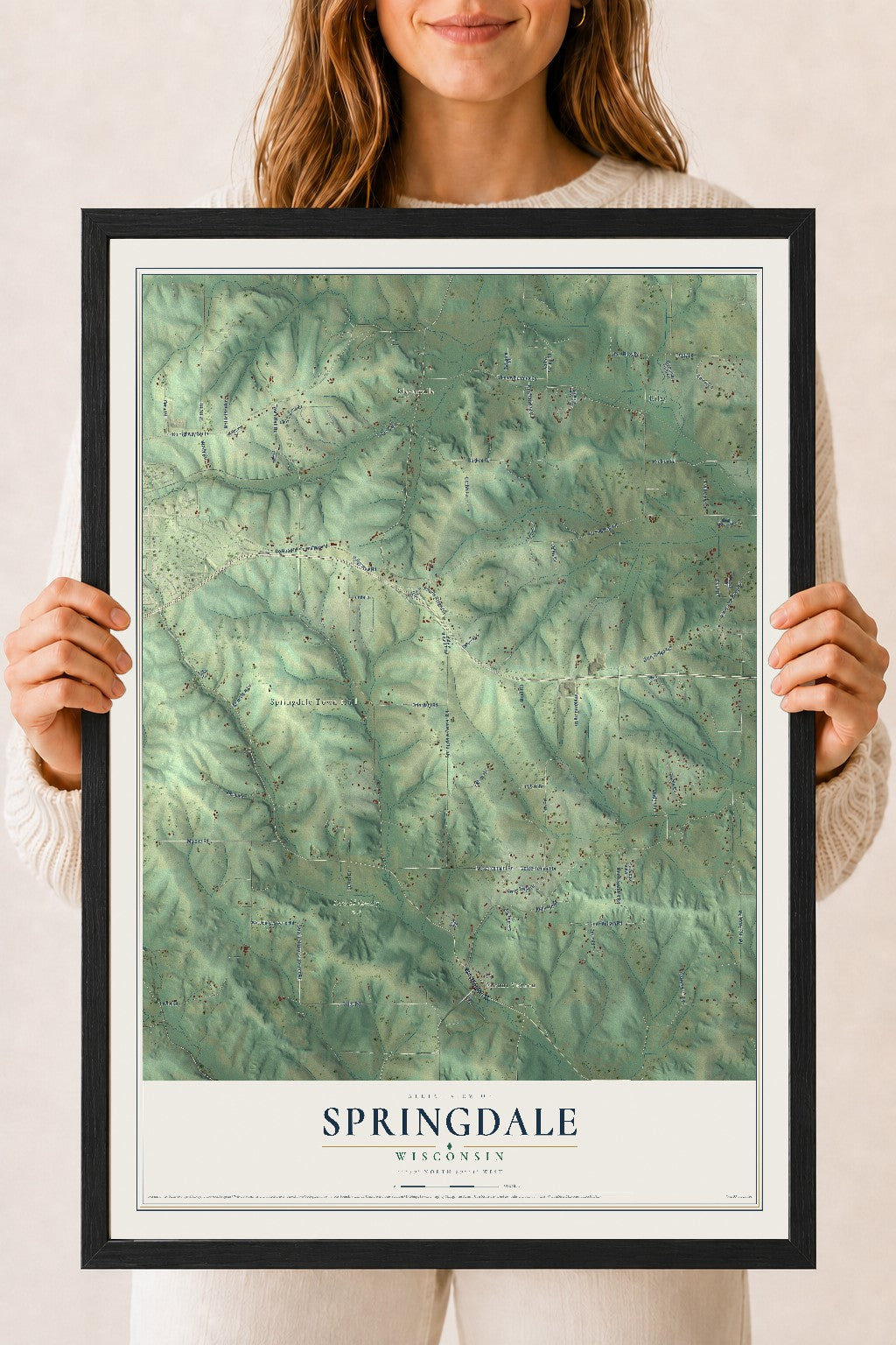 Map of Springdale, Wisconsin, 18 x 24 inch print in a black wood frame