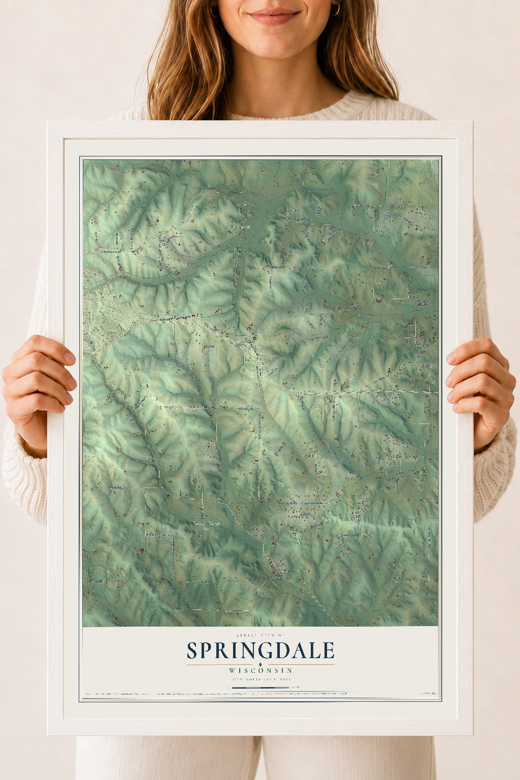 Map of Springdale, Wisconsin, 18 x 24 inch print in a white wood frame