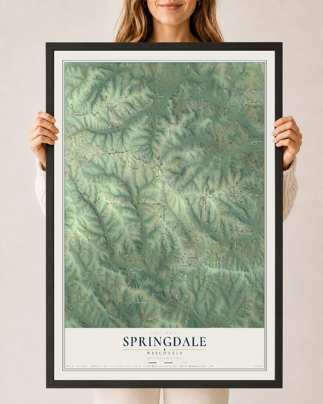 Map of Springdale, Wisconsin, 24 x 36 inch print in a black wood frame