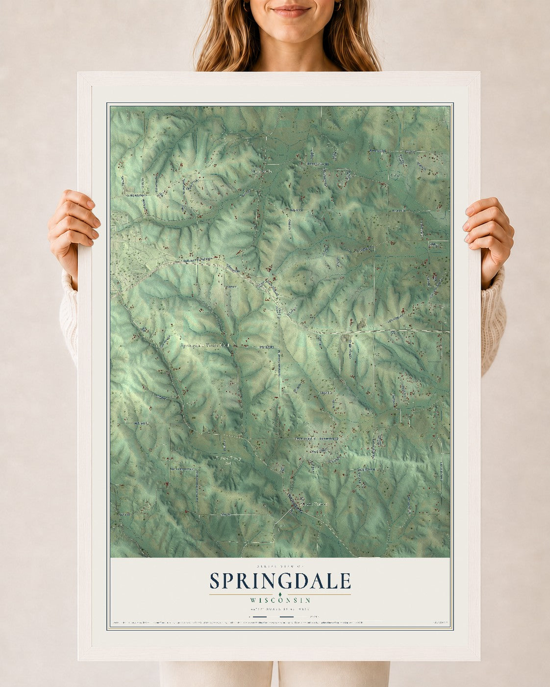 Map of Springdale, Wisconsin, 24 x 36 inch print in a white wood frame