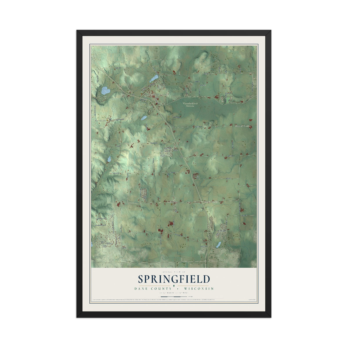 Map of Springfield, Dane County, Wisconsin, 12 x 18 inch print in a black wood frame