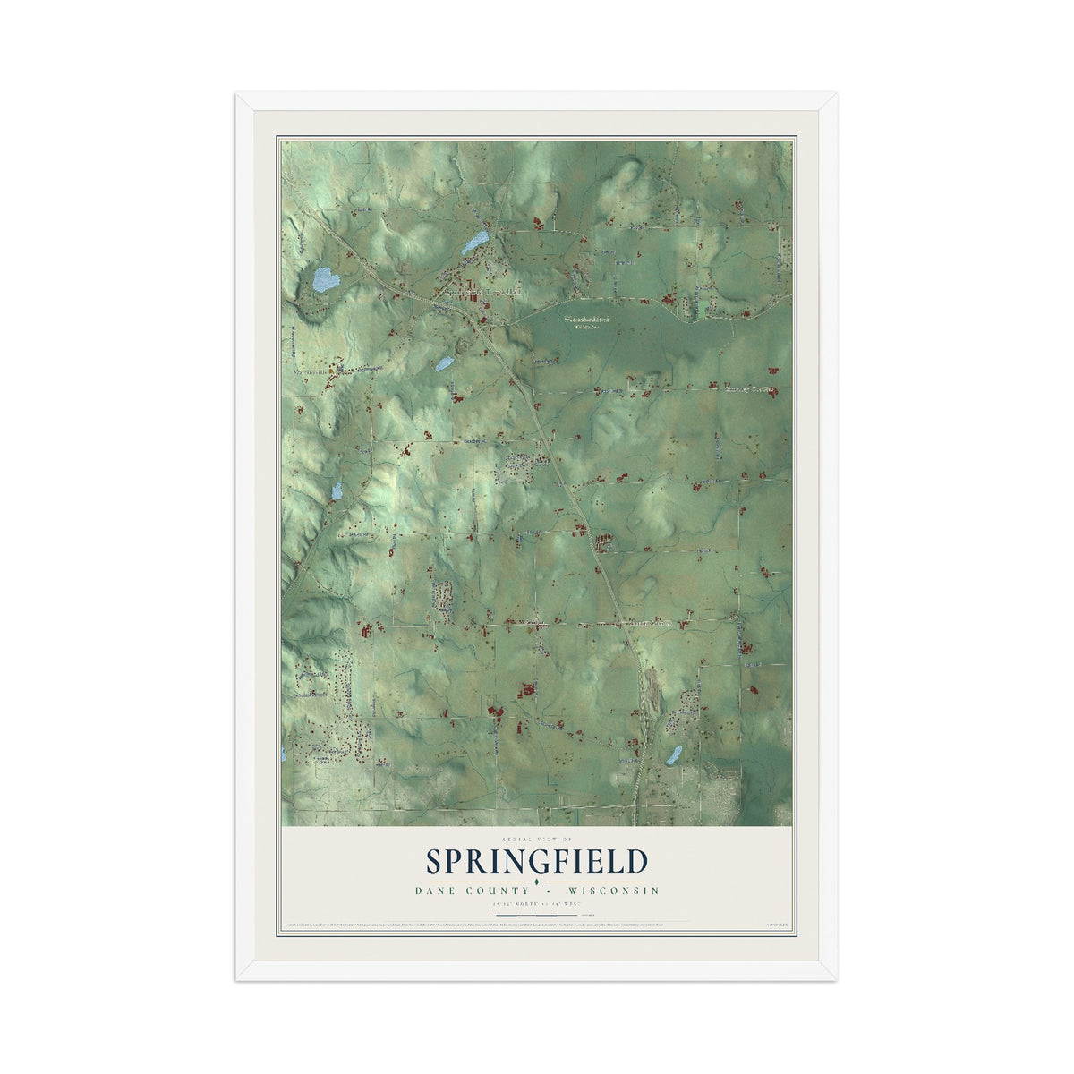 Map of Springfield, Dane County, Wisconsin, 12 x 18 inch print in a white wood frame