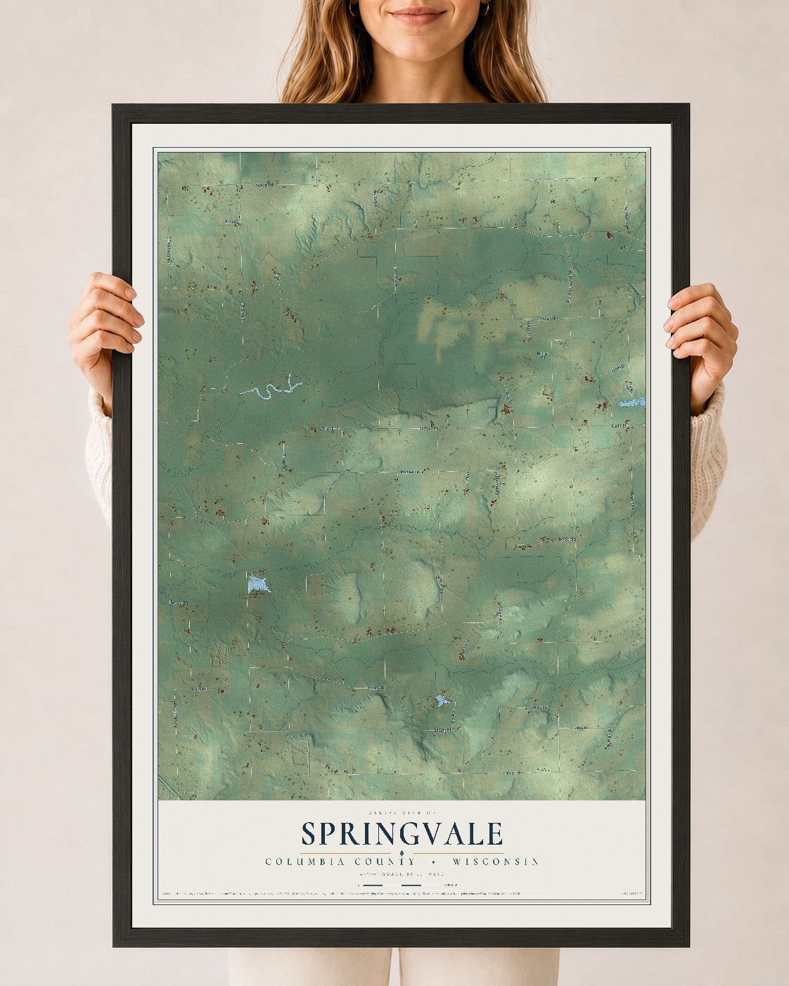 Map of Springvale, Columbia County, Wisconsin, 24 x 36 inch print in a black wood frame