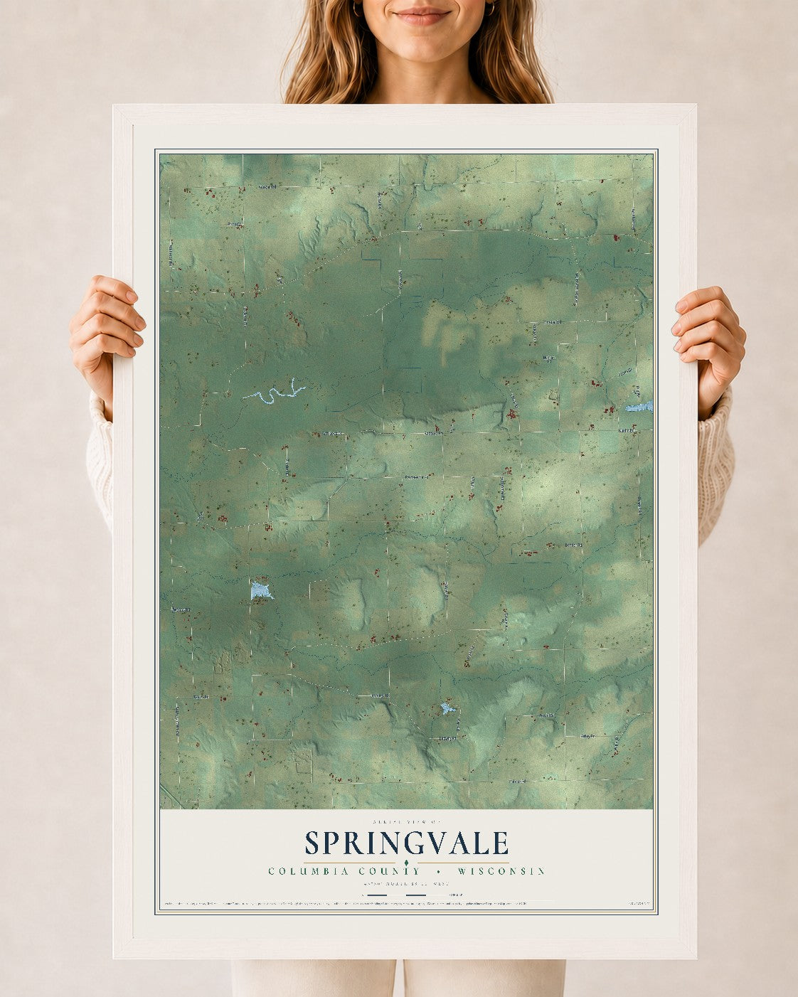 Map of Springvale, Columbia County, Wisconsin, 24 x 36 inch print in a white wood frame
