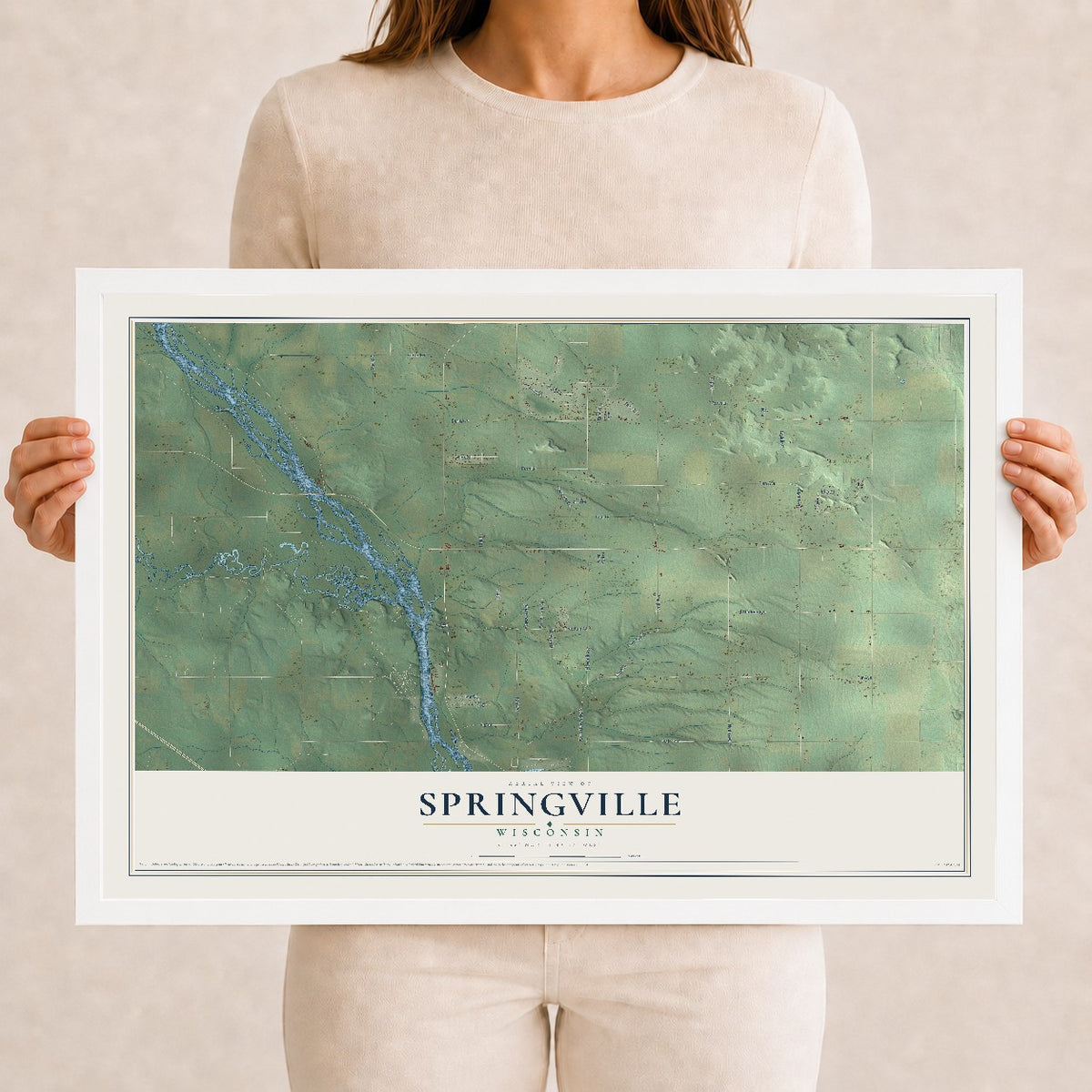 Map of Springville, Wisconsin, 12 x 18 inch print in a white wood frame