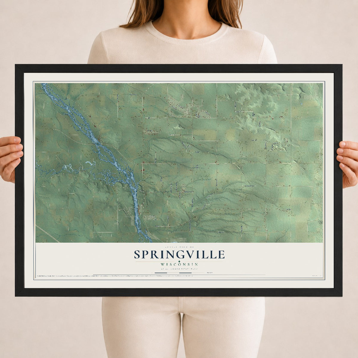 Map of Springville, Wisconsin, 18 x 24 inch print in a black wood frame