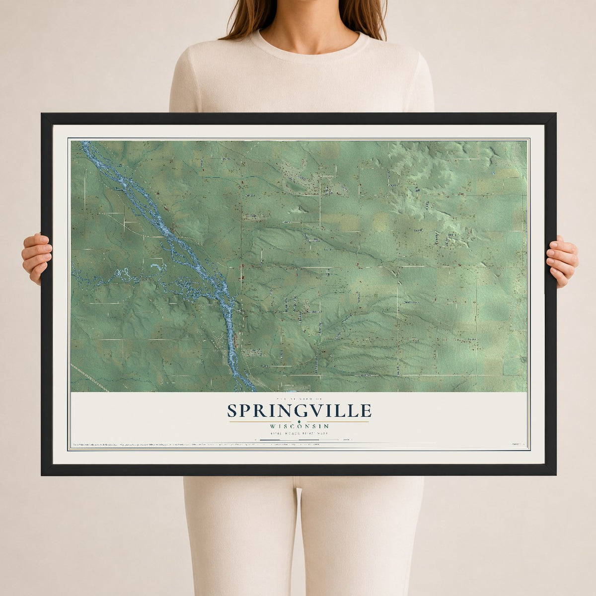 Map of Springville, Wisconsin, 24 x 36 inch print in a black wood frame