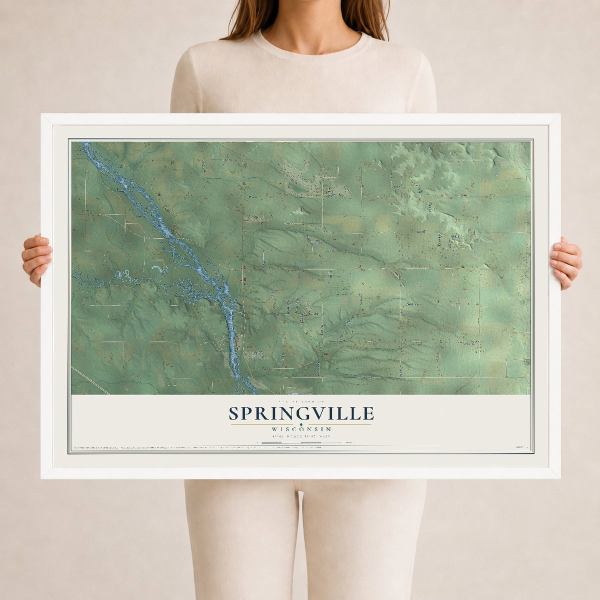 Map of Springville, Wisconsin, 24 x 36 inch print in a white wood frame