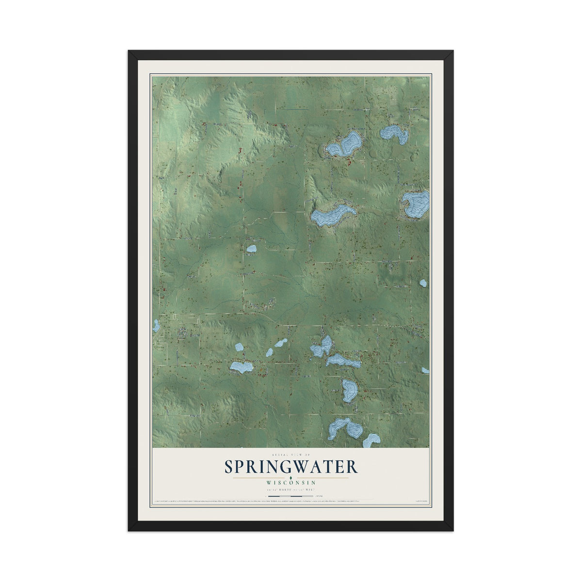 Map of Springwater, Wisconsin, 12 x 18 inch print in a black wood frame