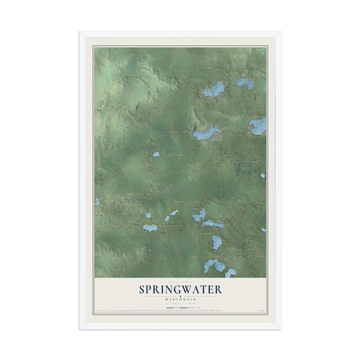 Map of Springwater, Wisconsin, 12 x 18 inch print in a white wood frame