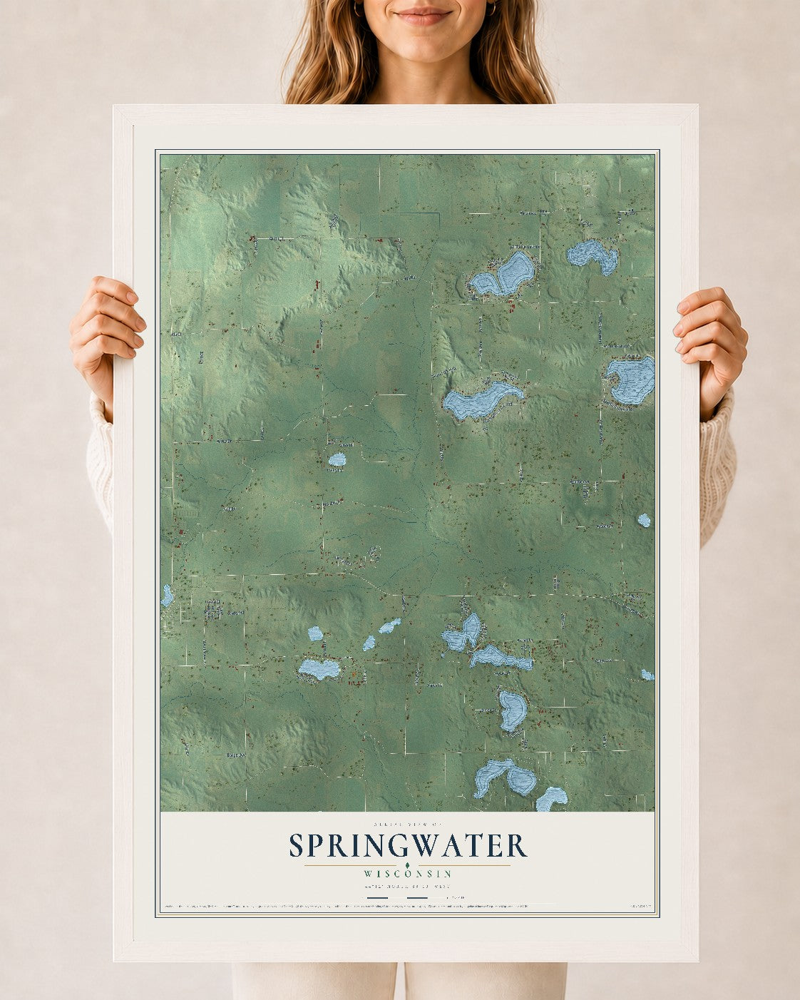 Map of Springwater, Wisconsin, 24 x 36 inch print in a white wood frame