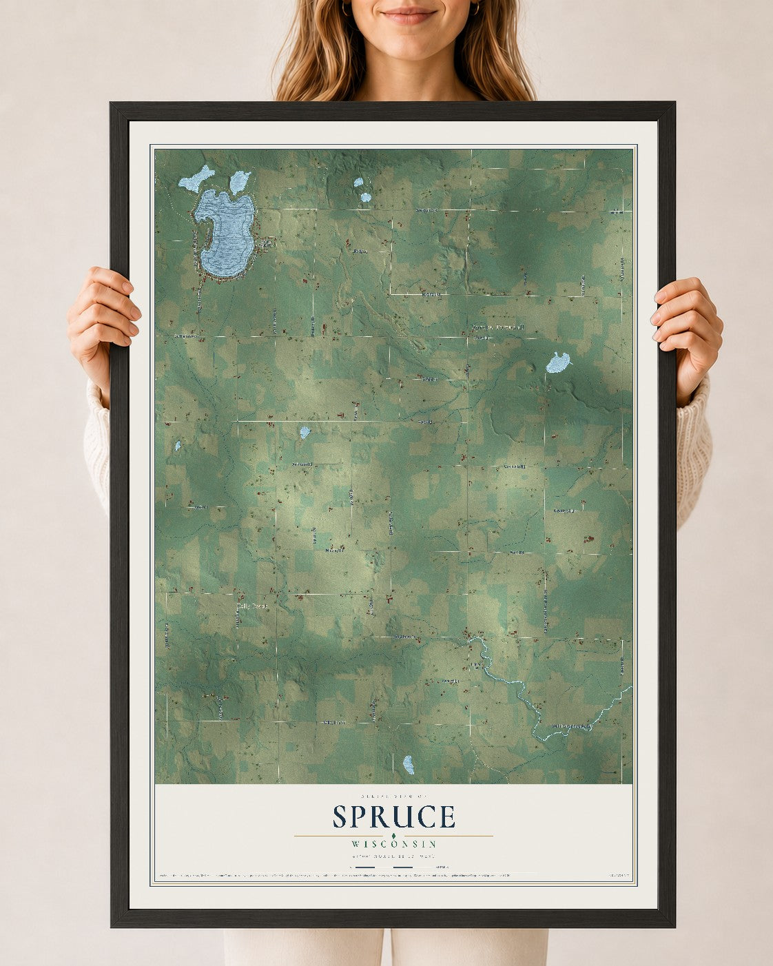 Map of Spruce, Wisconsin, 24 x 36 inch print in a black wood frame
