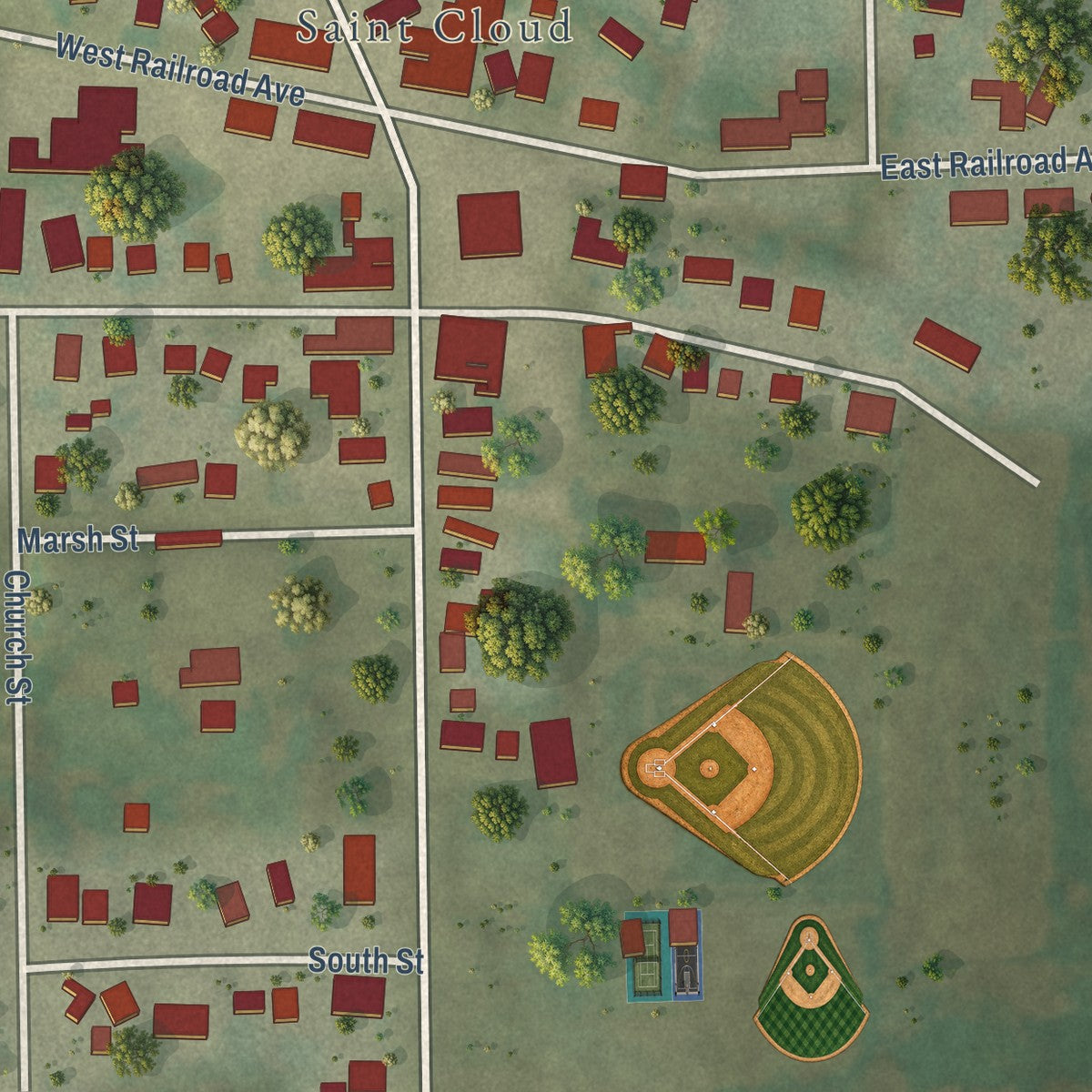 Close-up of the map of St. Cloud, Wisconsin print showing street and building detail