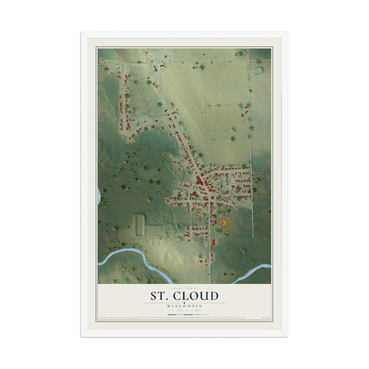 Map of St. Cloud, Wisconsin, 12 x 18 inch print in a white wood frame