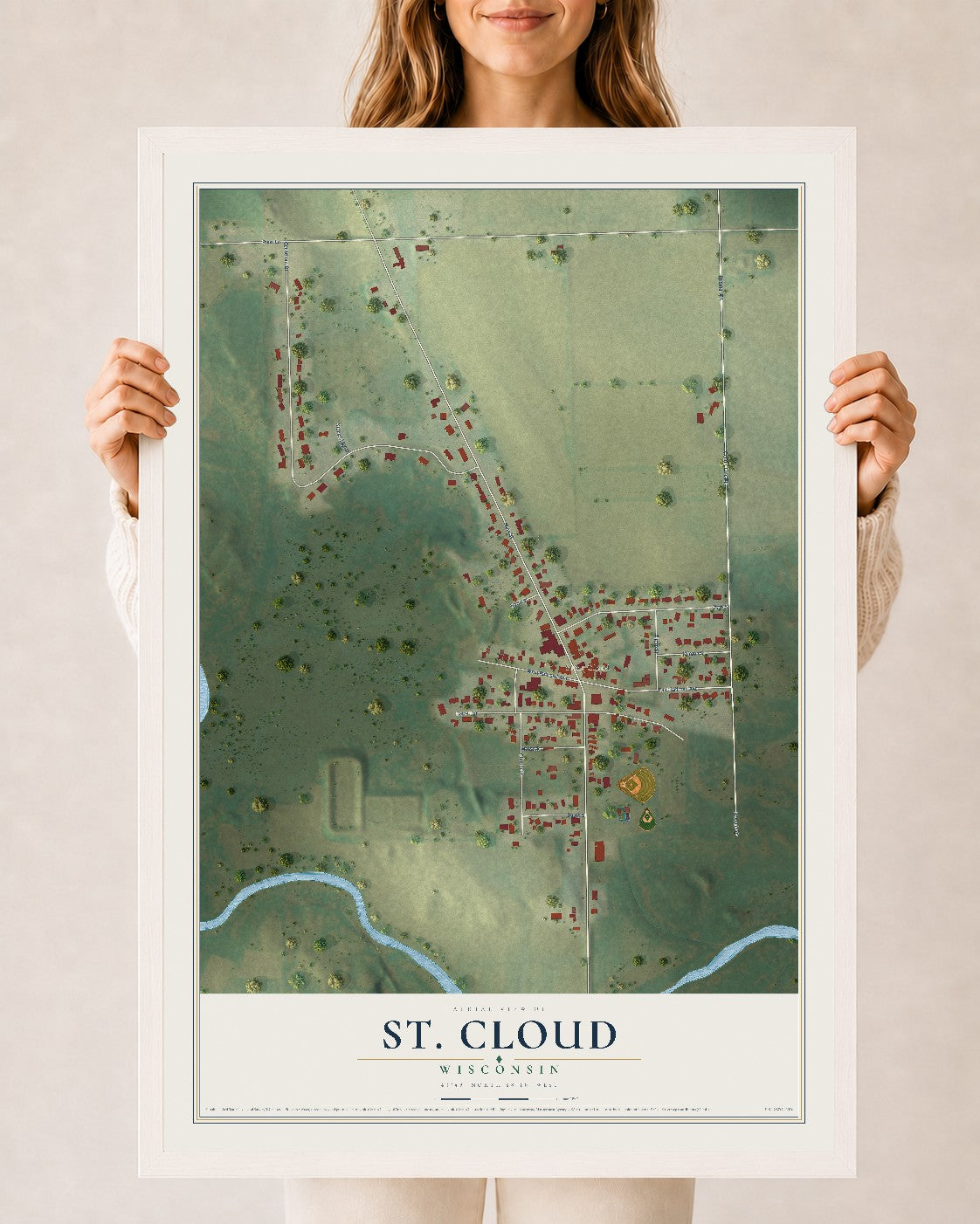 Map of St. Cloud, Wisconsin, 24 x 36 inch print in a white wood frame