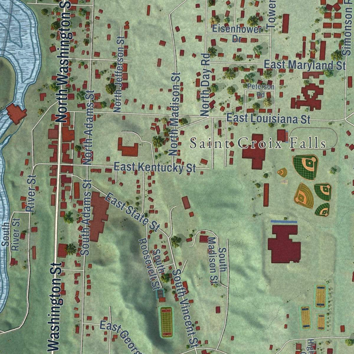 Close-up of the map of St. Croix Falls, Wisconsin print showing street and building detail