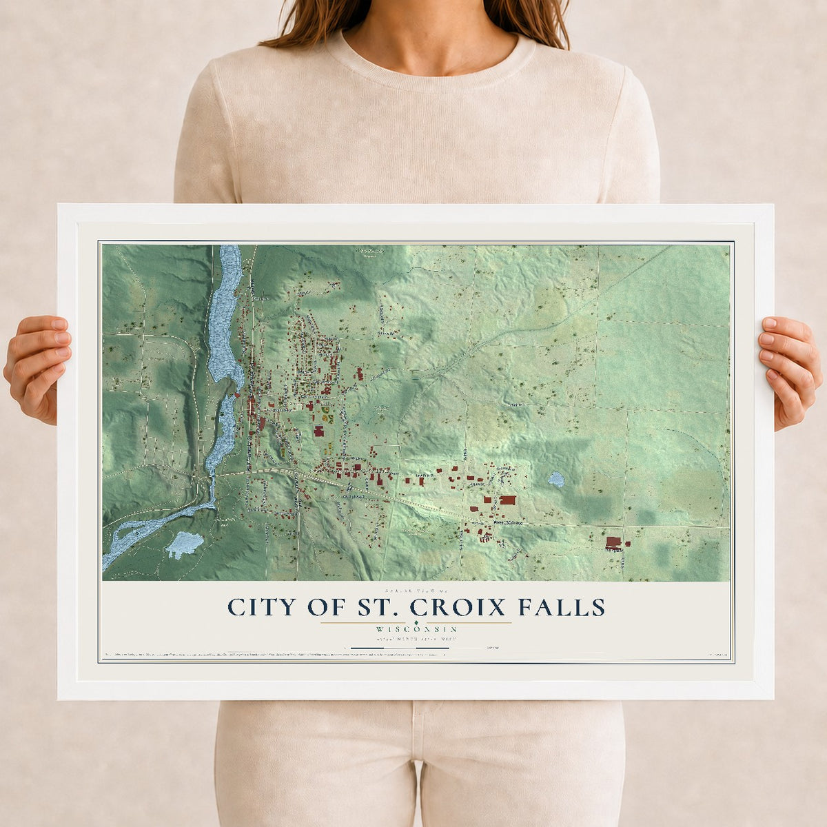 Map of St. Croix Falls, Wisconsin, 12 x 18 inch print in a white wood frame
