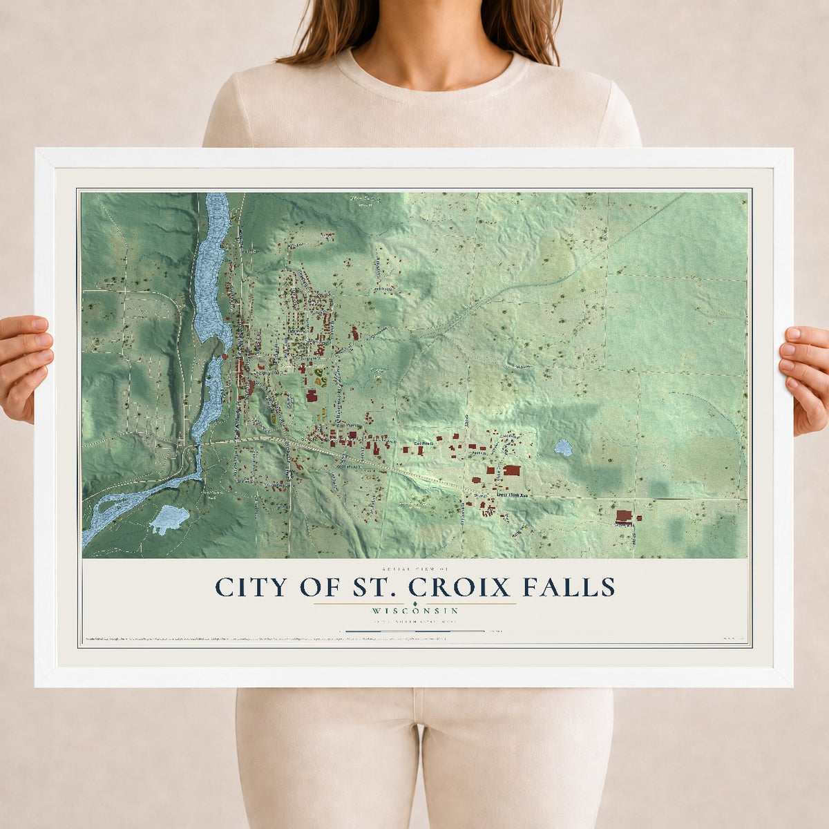Map of St. Croix Falls, Wisconsin, 18 x 24 inch print in a white wood frame