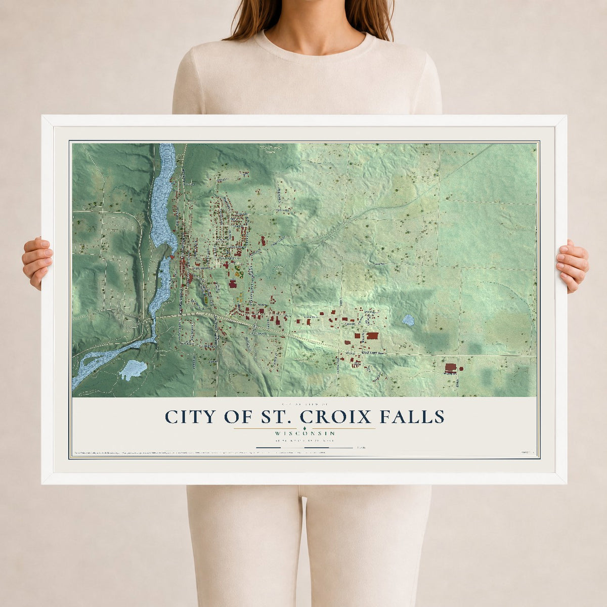 Map of St. Croix Falls, Wisconsin, 24 x 36 inch print in a white wood frame