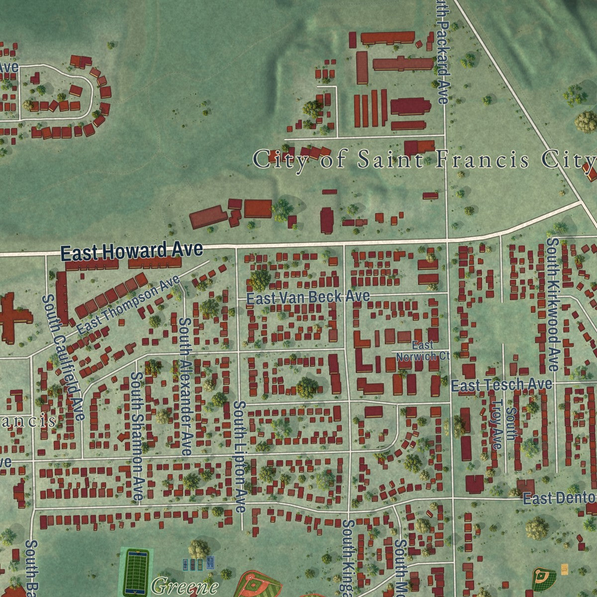 Second close-up of the map of St. Francis, Wisconsin print showing more streets and buildings