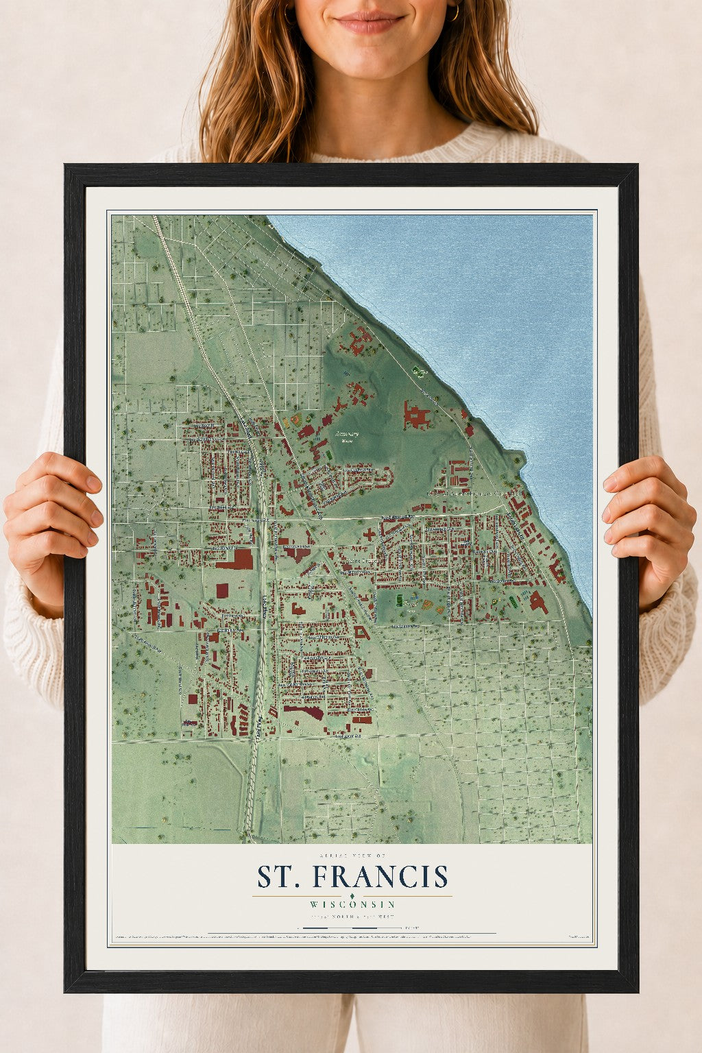 Map of St. Francis, Wisconsin, 18 x 24 inch print in a black wood frame