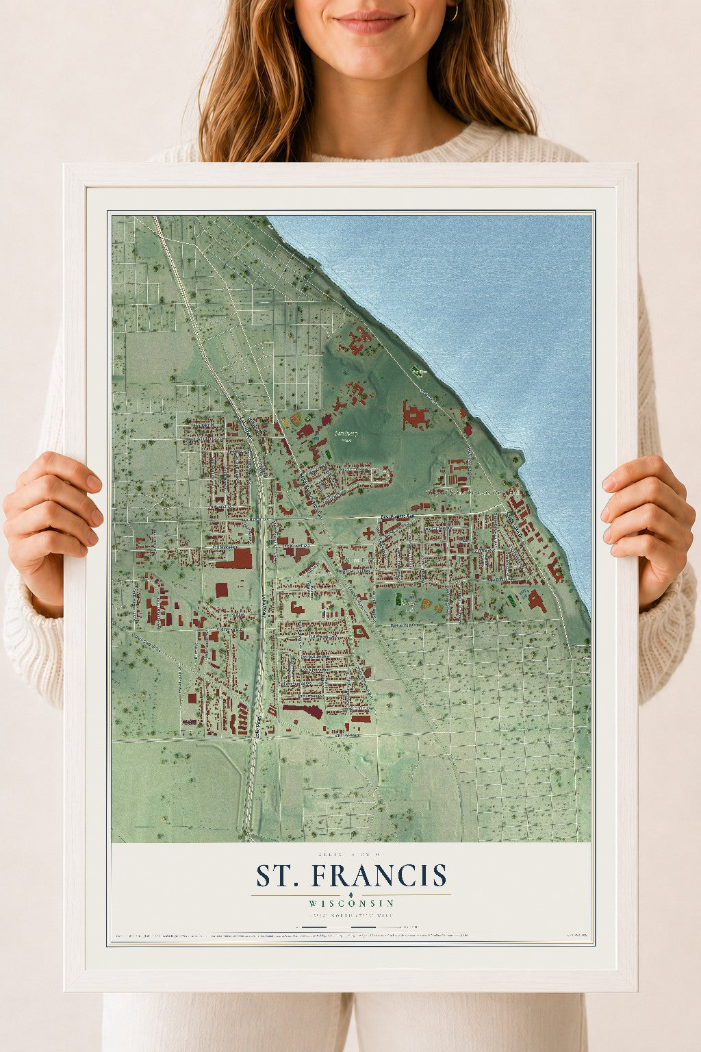 Map of St. Francis, Wisconsin, 18 x 24 inch print in a white wood frame