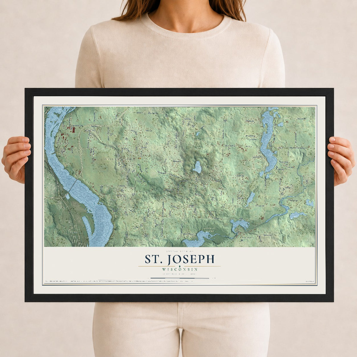 Map of St. Joseph, Wisconsin, 12 x 18 inch print in a black wood frame