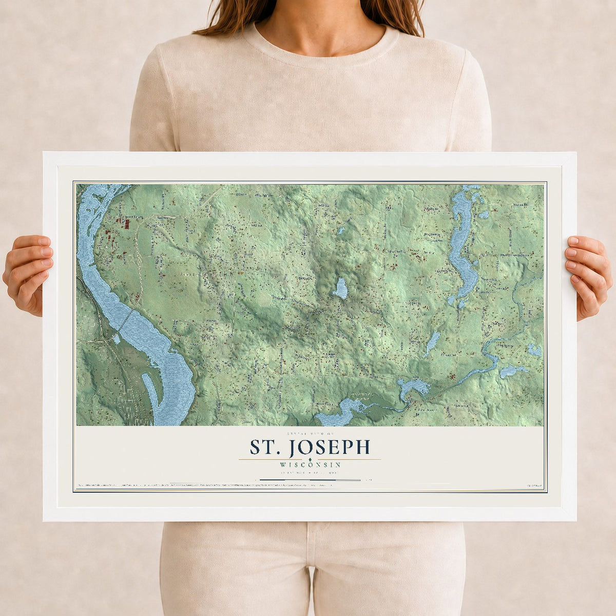 Map of St. Joseph, Wisconsin, 12 x 18 inch print in a white wood frame