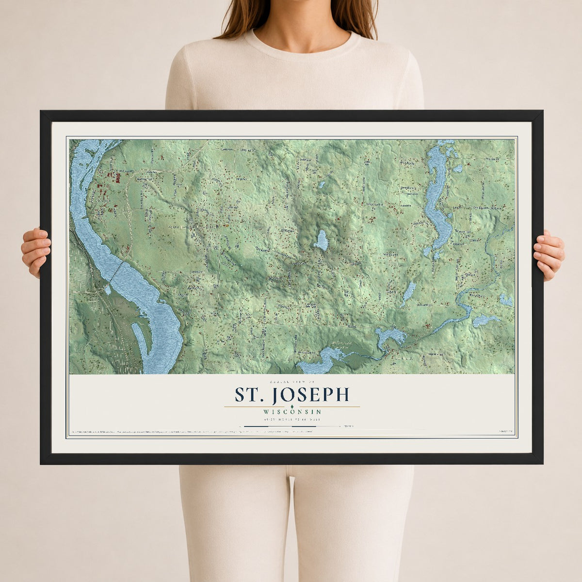 Map of St. Joseph, Wisconsin, 24 x 36 inch print in a black wood frame