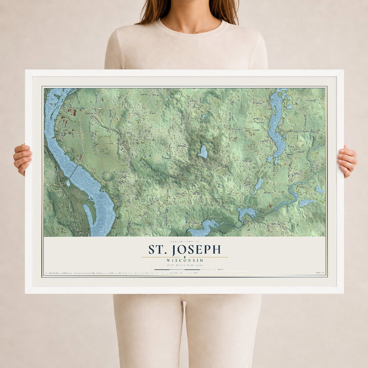 Map of St. Joseph, Wisconsin, 24 x 36 inch print in a white wood frame