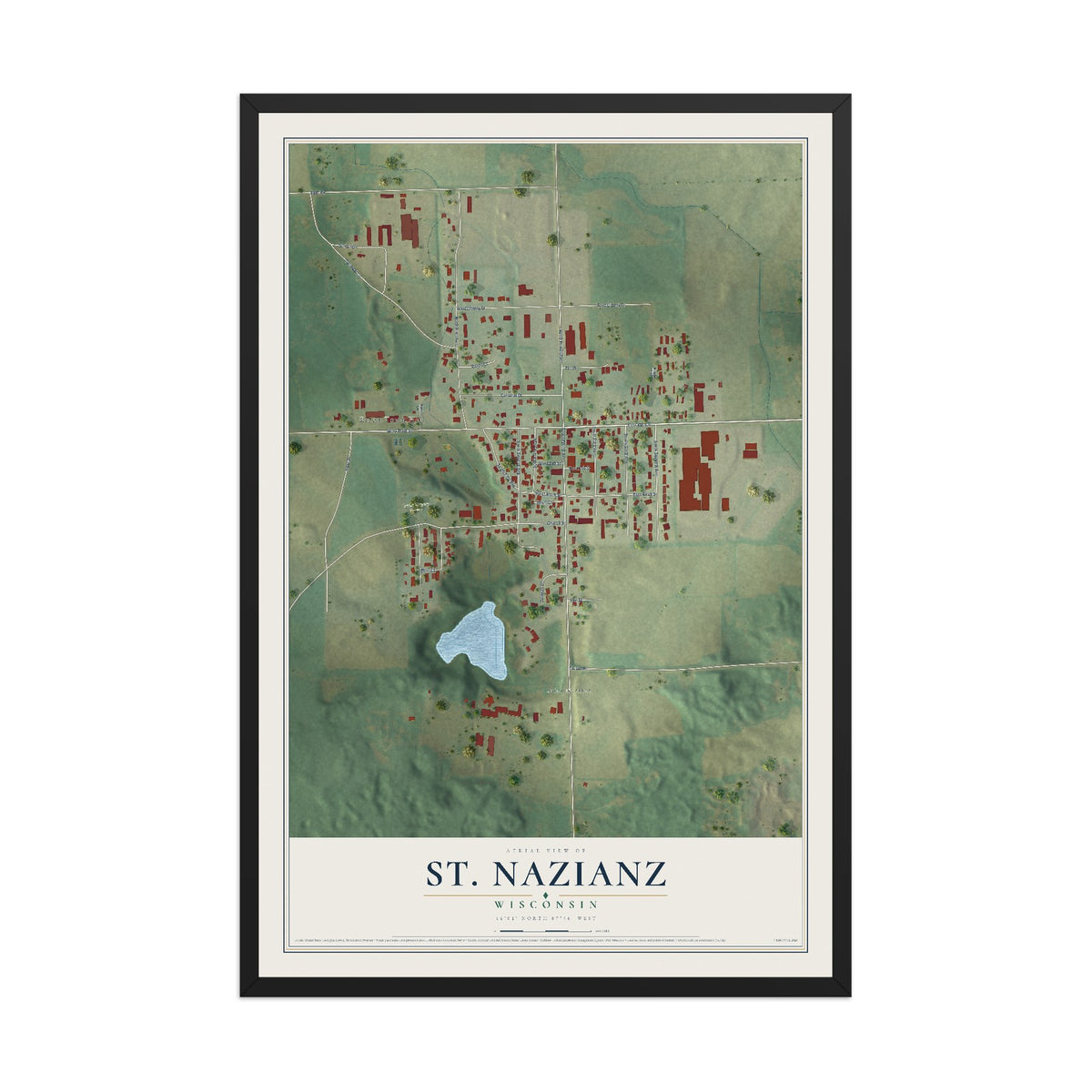 Map of St. Nazianz, Wisconsin, 12 x 18 inch print in a black wood frame