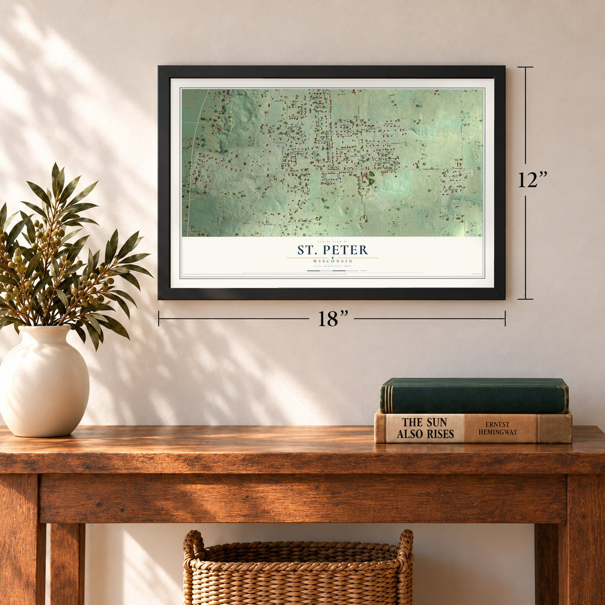 St. Peter, Wisconsin map, 12 x 18 inch print in a black frame in an entryway