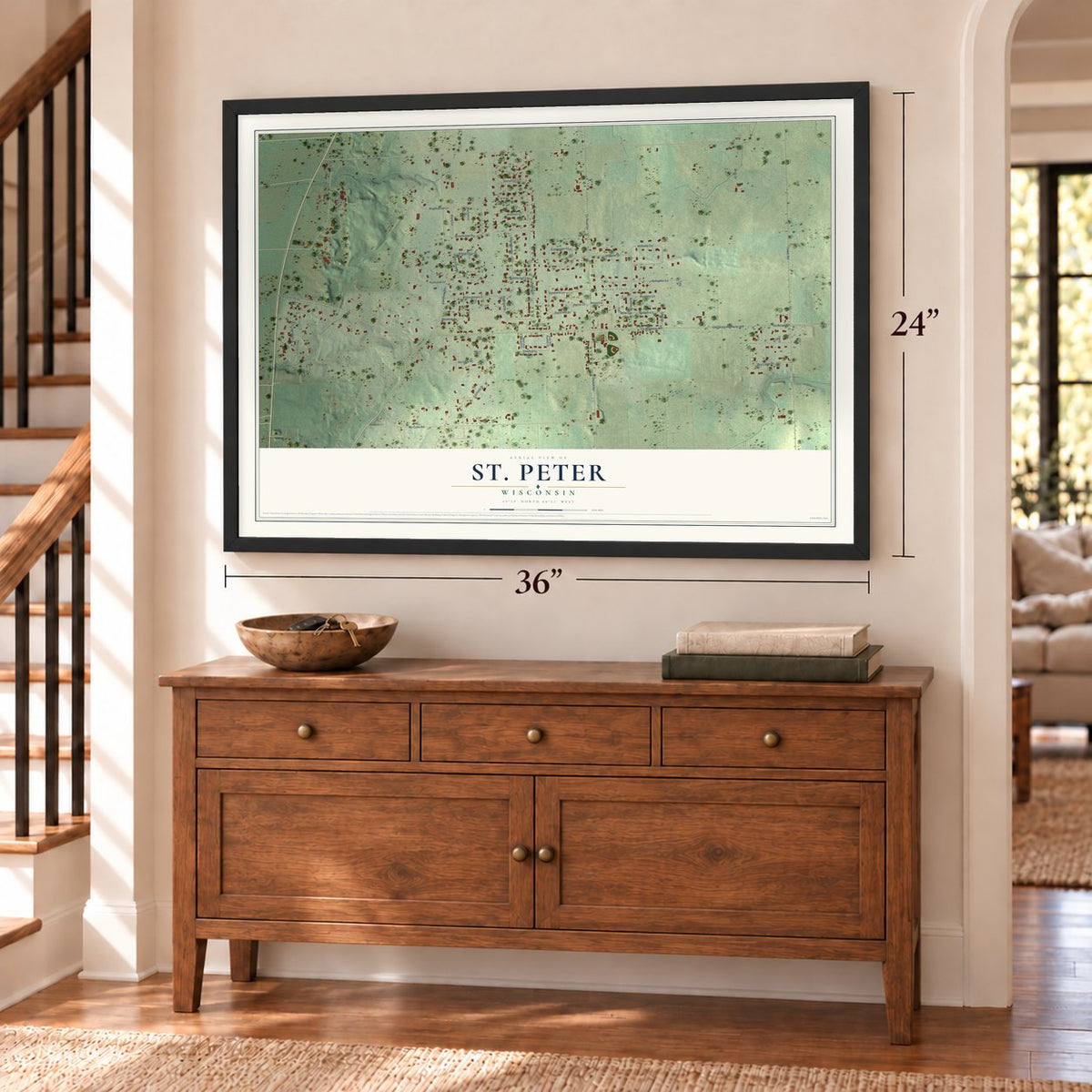 St. Peter, Wisconsin map, 24 x 36 inch print in a black frame above a dresser by a staircase