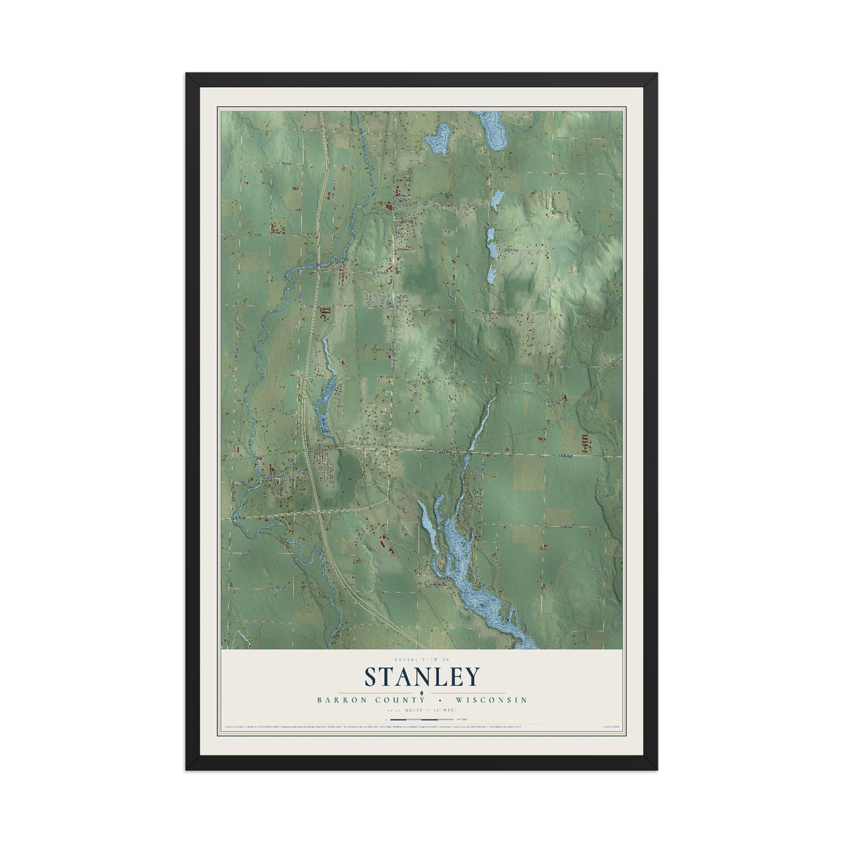 Map of Stanley, Barron County, Wisconsin, 12 x 18 inch print in a black wood frame