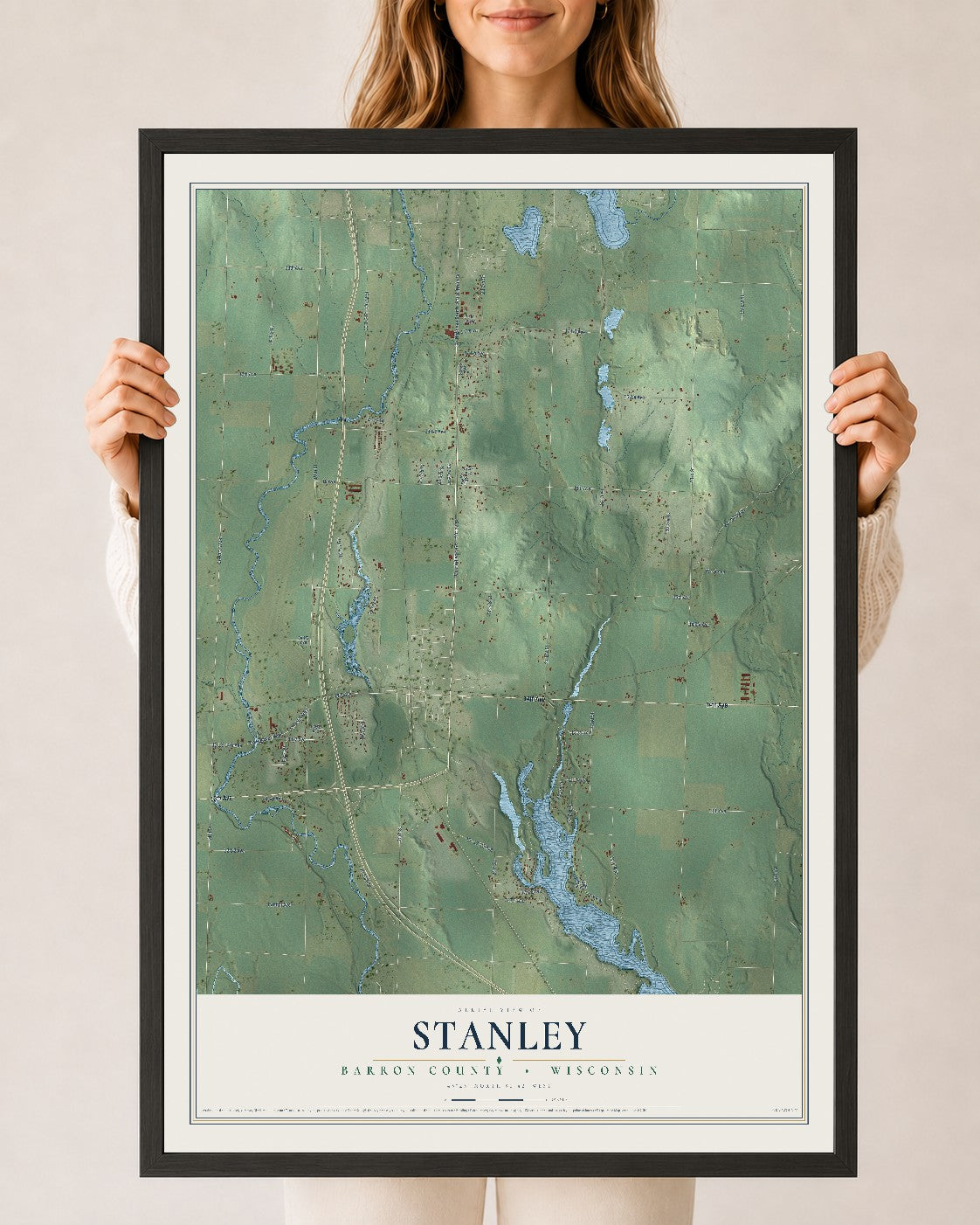 Map of Stanley, Barron County, Wisconsin, 24 x 36 inch print in a black wood frame