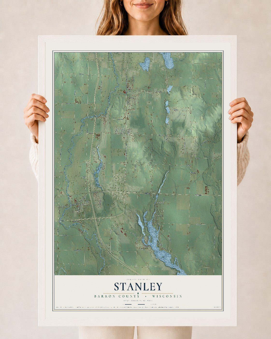 Map of Stanley, Barron County, Wisconsin, 24 x 36 inch print in a white wood frame