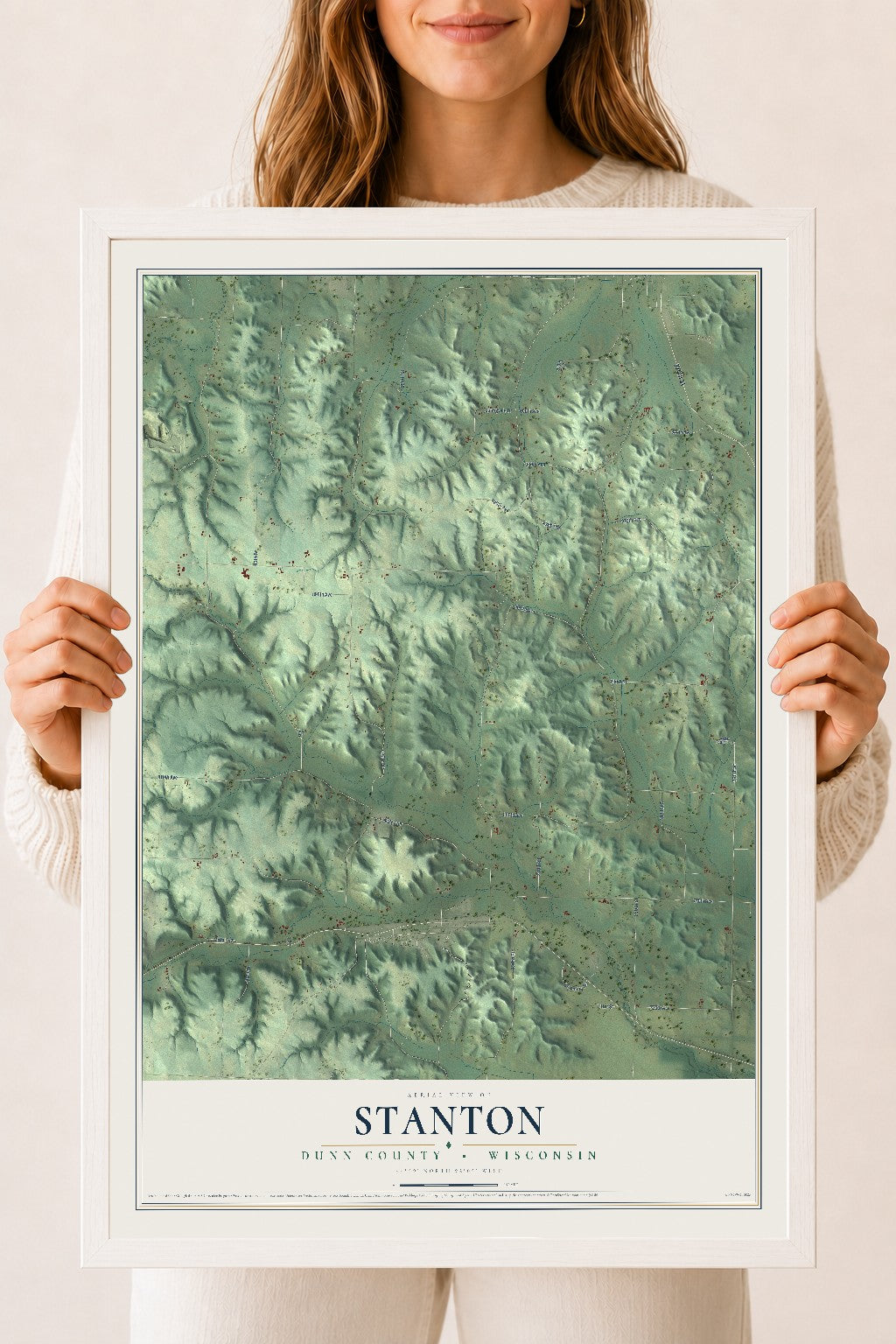 Map of Stanton, Dunn County, Wisconsin, 18 x 24 inch print in a white wood frame