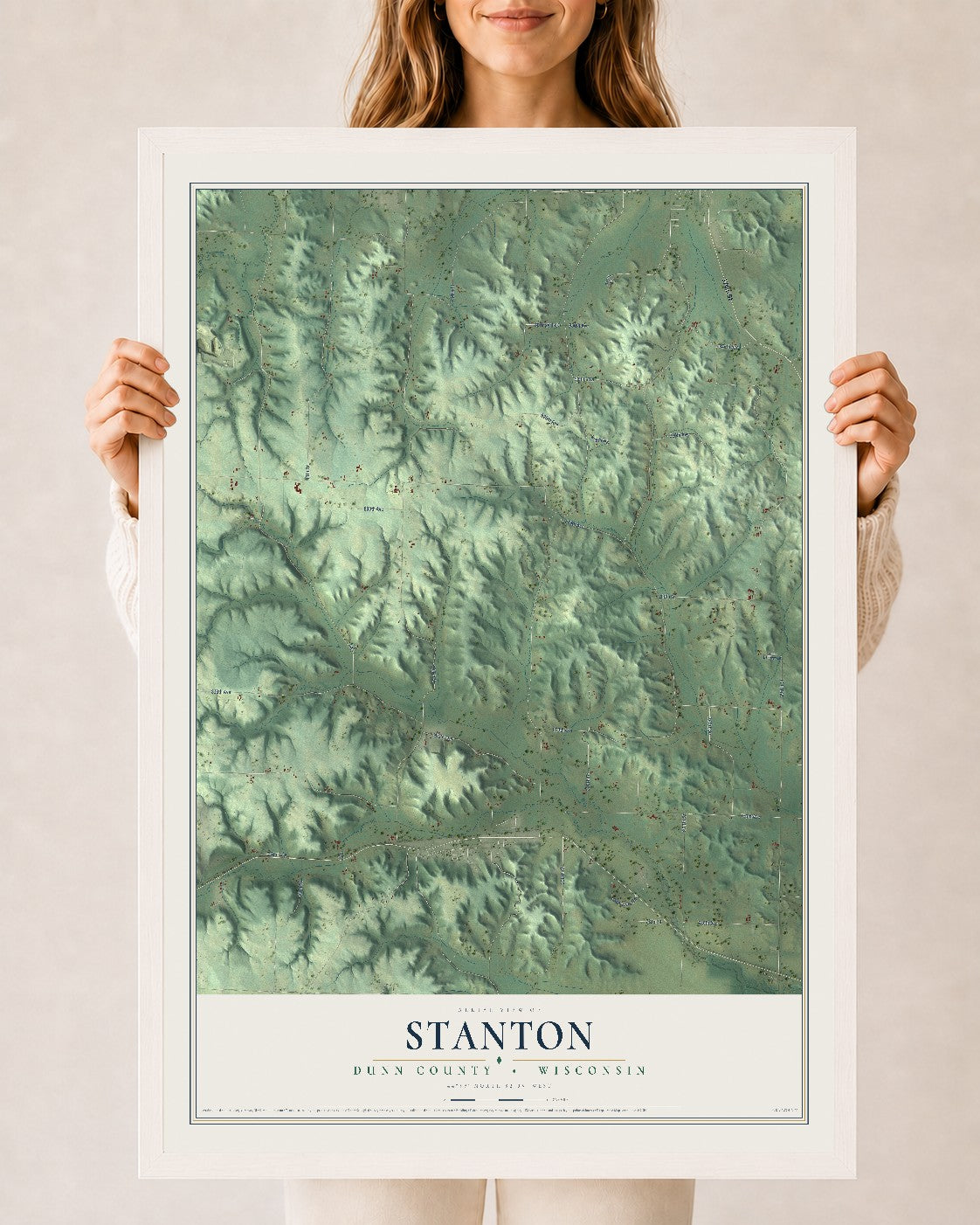 Map of Stanton, Dunn County, Wisconsin, 24 x 36 inch print in a white wood frame