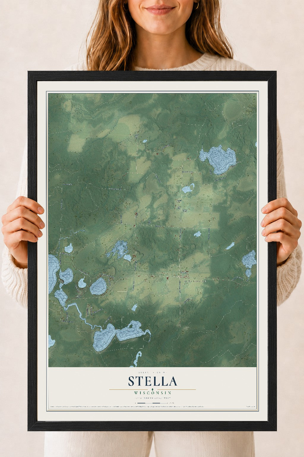 Map of Stella, Wisconsin, 18 x 24 inch print in a black wood frame