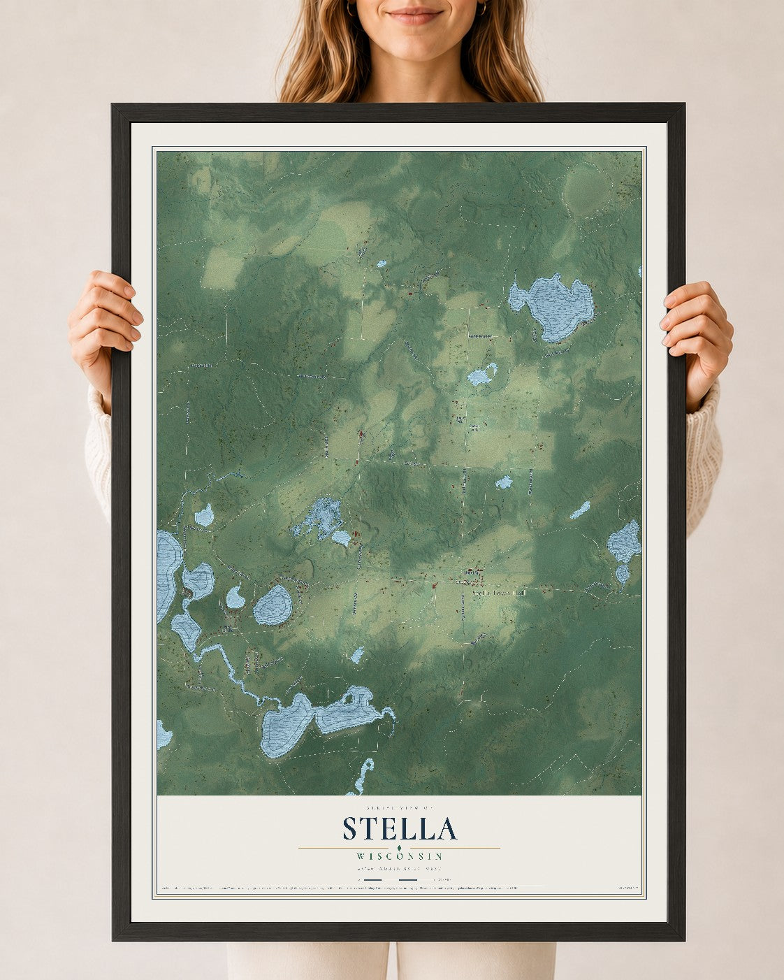 Map of Stella, Wisconsin, 24 x 36 inch print in a black wood frame