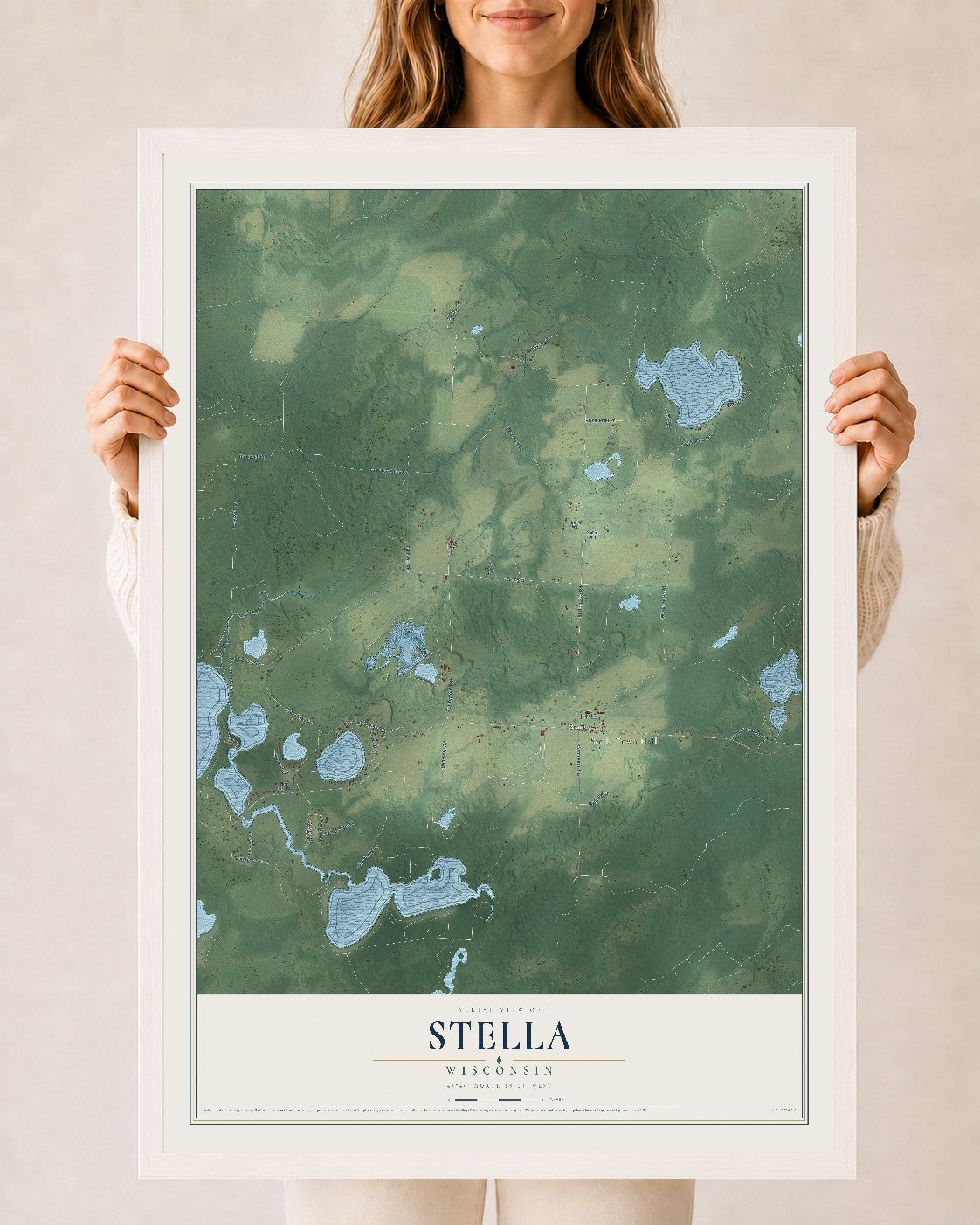 Map of Stella, Wisconsin, 24 x 36 inch print in a white wood frame