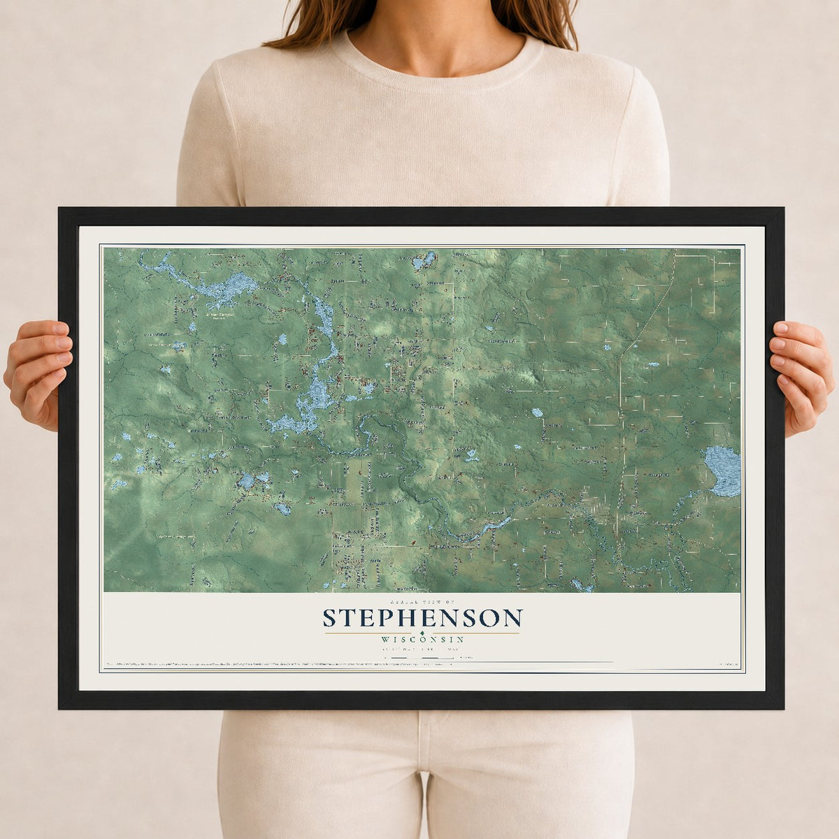 Map of Stephenson, Wisconsin, 12 x 18 inch print in a black wood frame