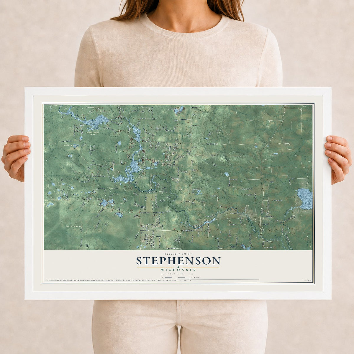 Map of Stephenson, Wisconsin, 12 x 18 inch print in a white wood frame
