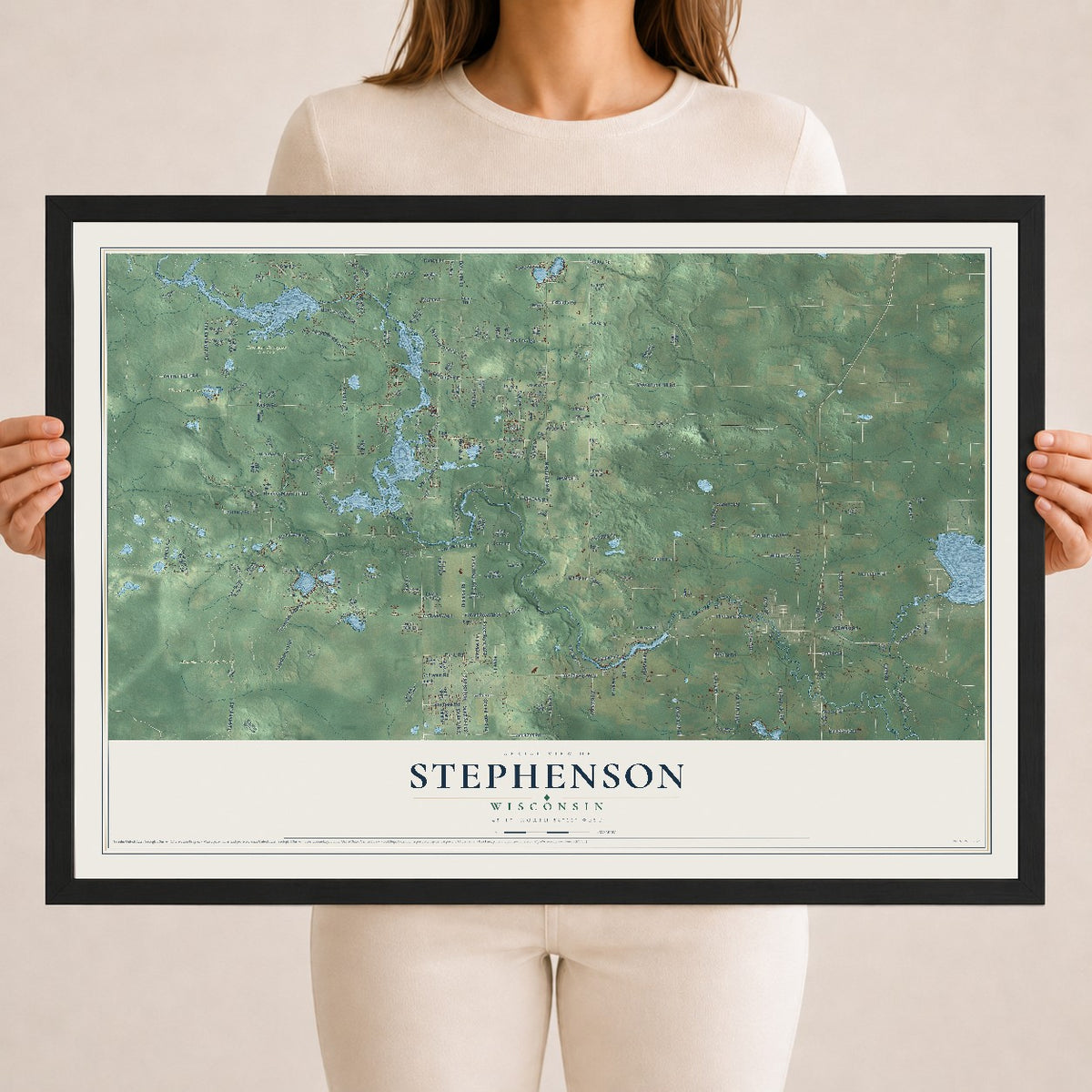 Map of Stephenson, Wisconsin, 18 x 24 inch print in a black wood frame