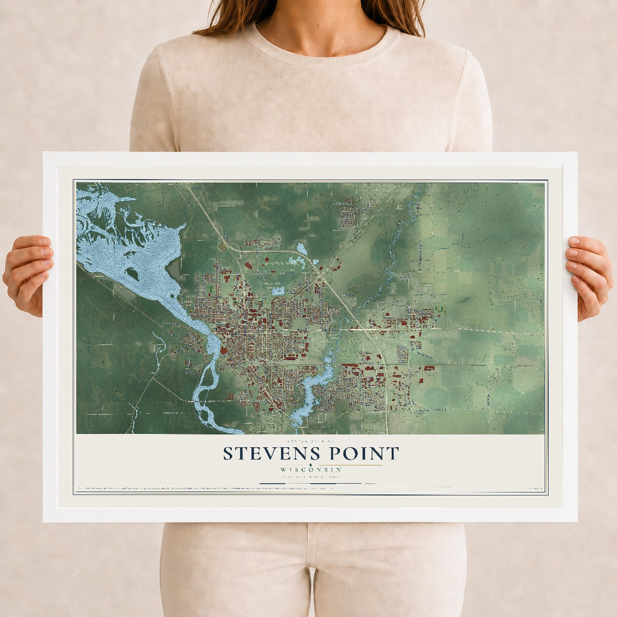 Map of Stevens Point, Wisconsin, 12 x 18 inch print in a white wood frame