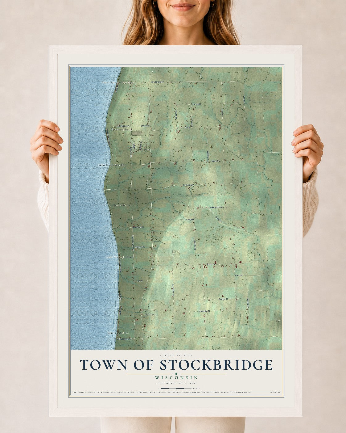Map of the Town of Stockbridge, Wisconsin, 24 x 36 inch print in a white wood frame
