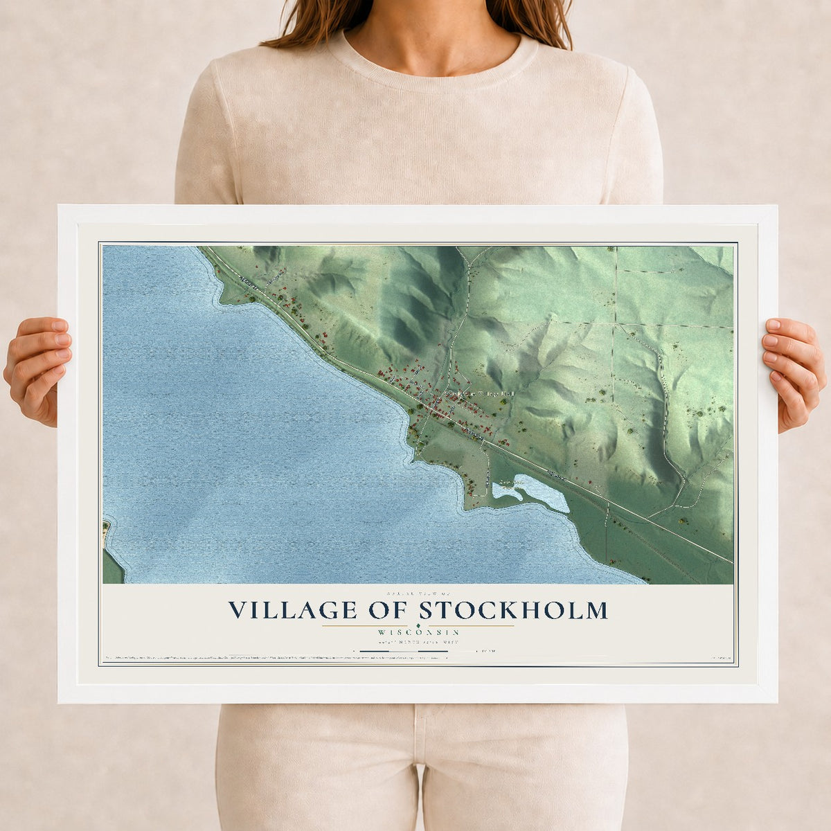 Map of Stockholm, Wisconsin, 12 x 18 inch print in a white wood frame