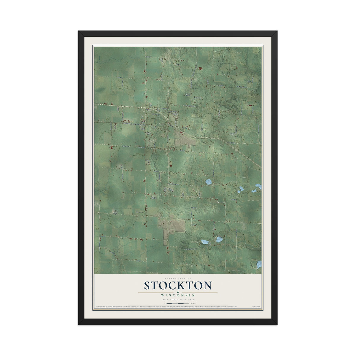 Map of Stockton, Wisconsin, 12 x 18 inch print in a black wood frame