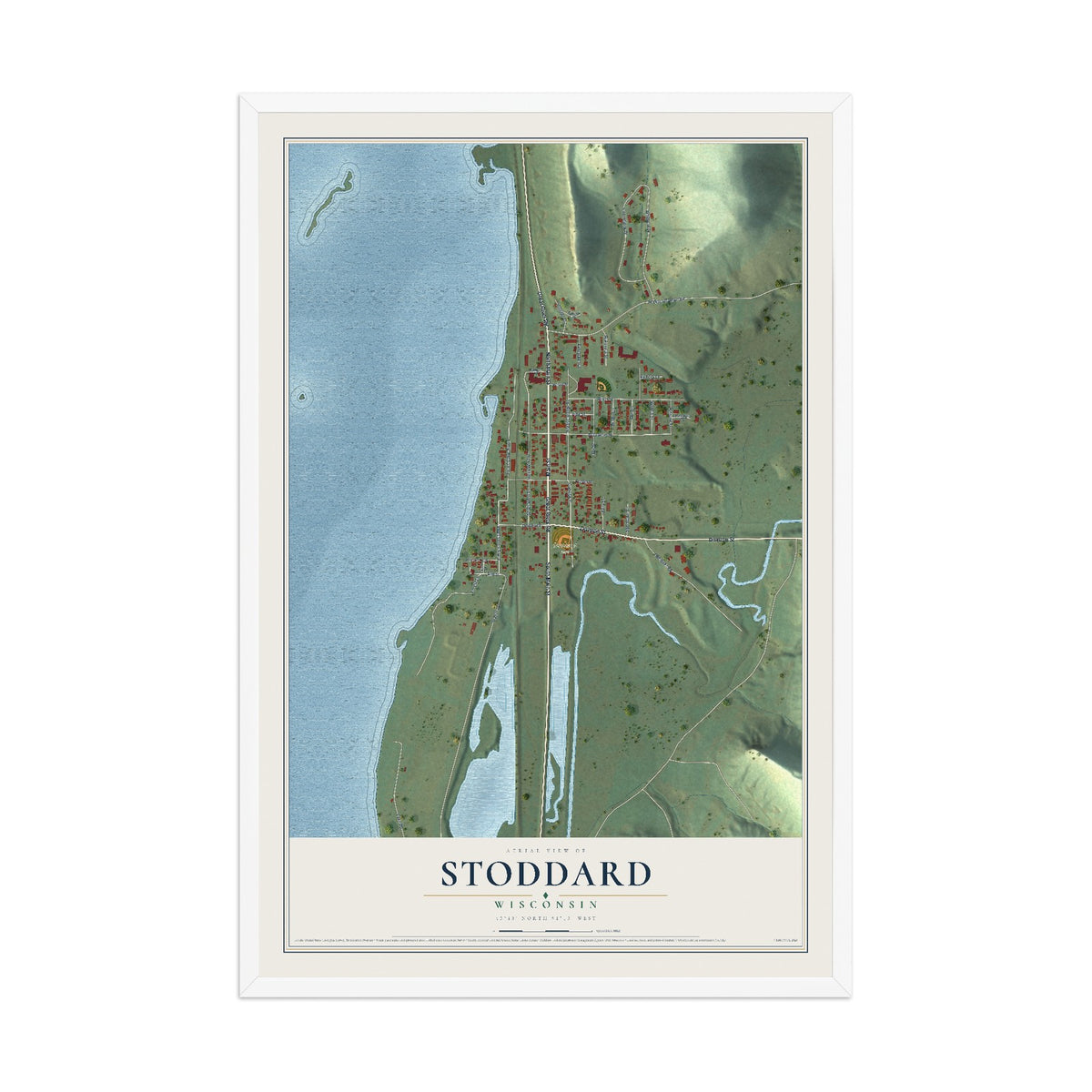 Map of Stoddard, Wisconsin, 12 x 18 inch print in a white wood frame