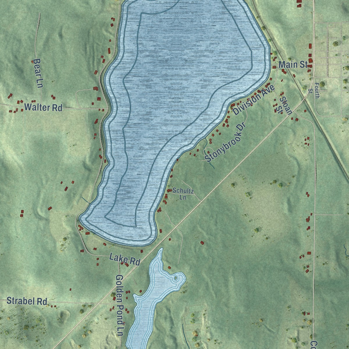 Close-up of the map of Stone Lake, Wisconsin print showing street and building detail